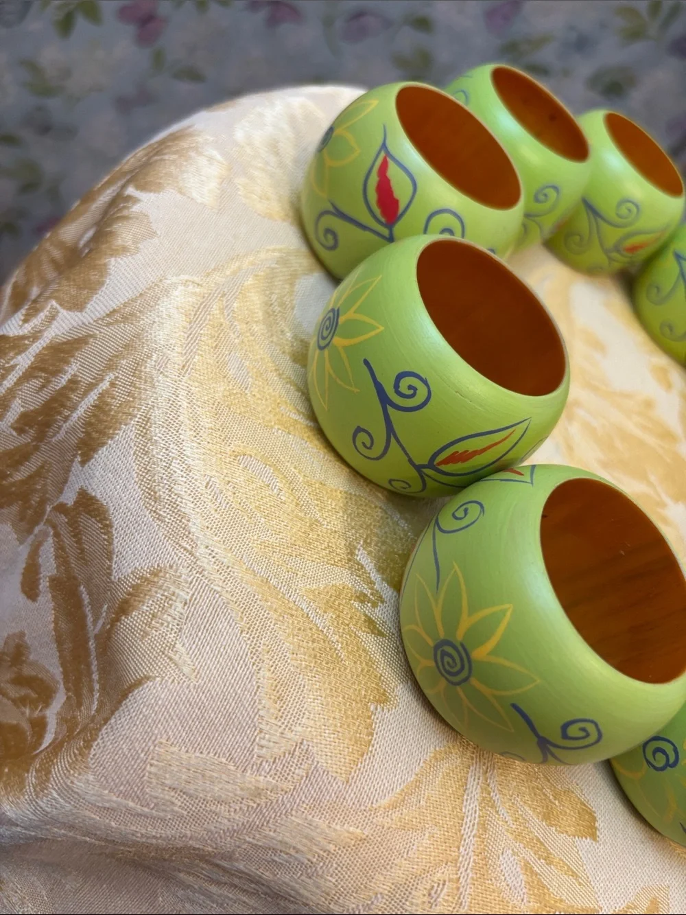 Vintage Folk Art Hand-Painted Lime Green Wooden Napkin Rings.